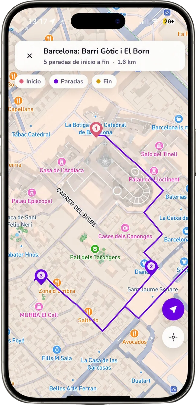 Captura real de la app Touryteller: mapa de la ruta Barri Gòtic i El Born en Barcelona