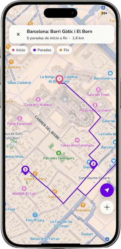 Pantalla de l'app Touryteller amb el mapa d'un tour gamificat pel Barri Gòtic de Barcelona